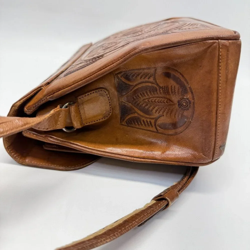 Vintage Hand Tooled Leather Shoulder Bag Made In Mexico Rose Flower - Picture 16 of 16